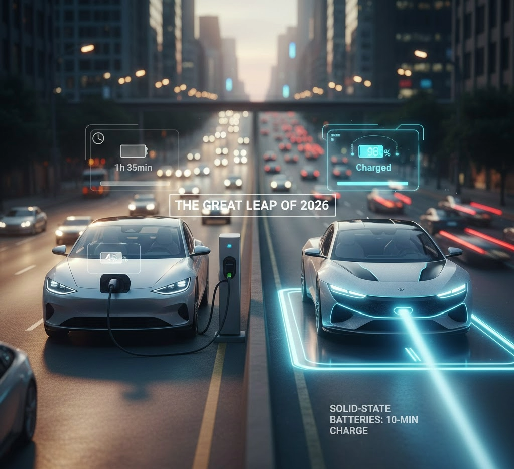 Carro elétrico carregando bateria de estado sólido em estação de alta voltagem.