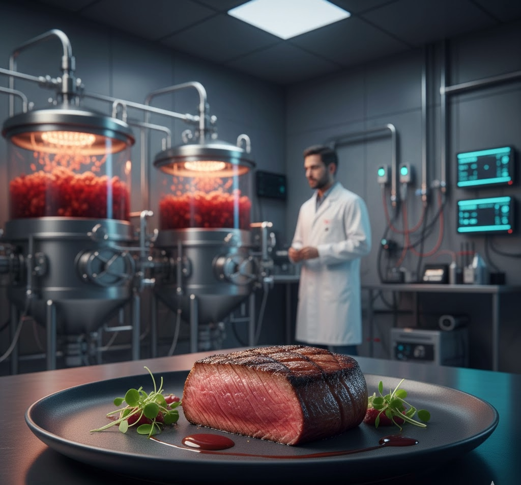 Bife de carne cultivada em laboratório servido em prato gourmet com biorreatores ao fundo