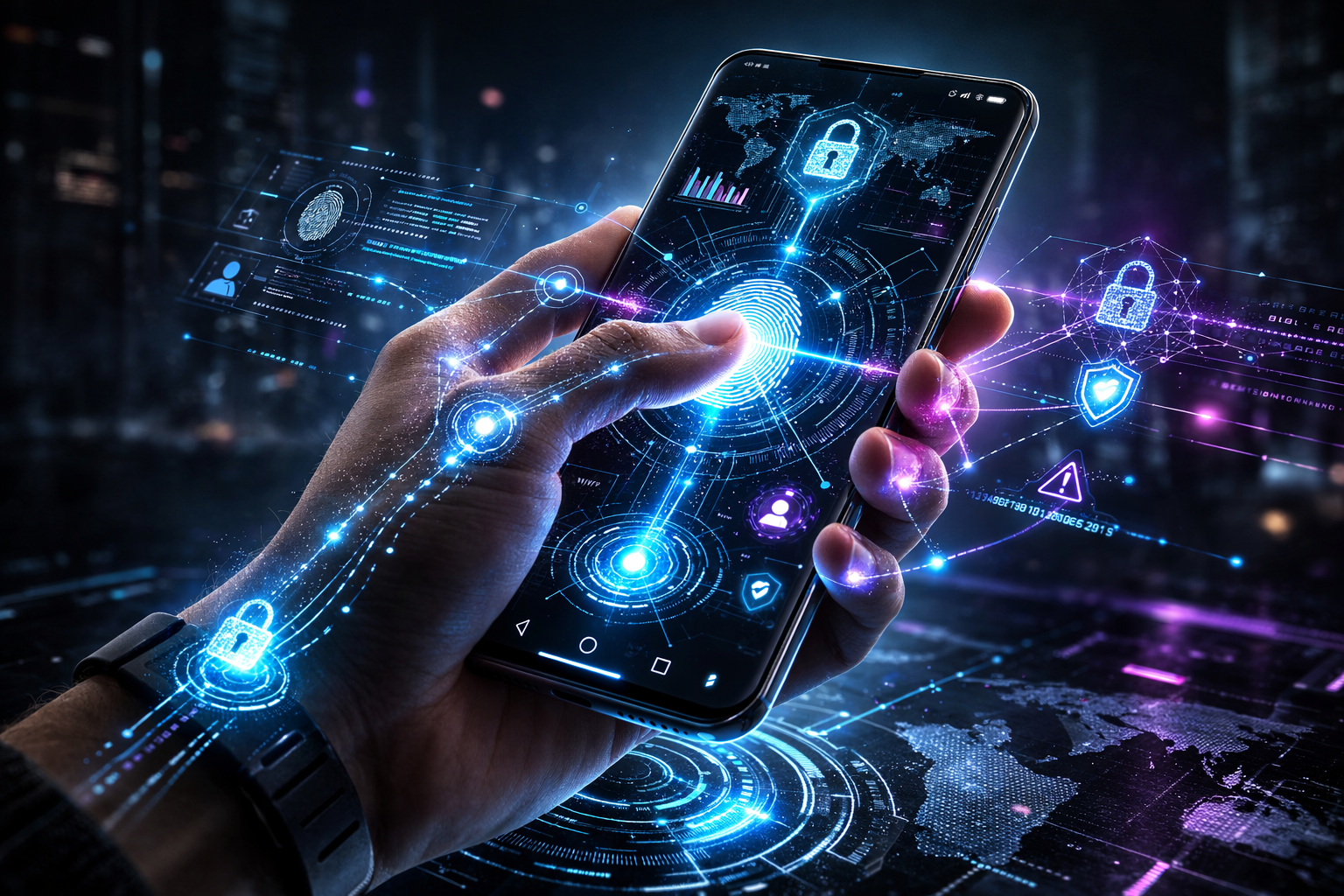 Ilustração de uma mão segurando um smartphone translúcido onde linhas de dados e pontos de pressão brilham em neon azul, simbolizando a análise da biometria comportamental.