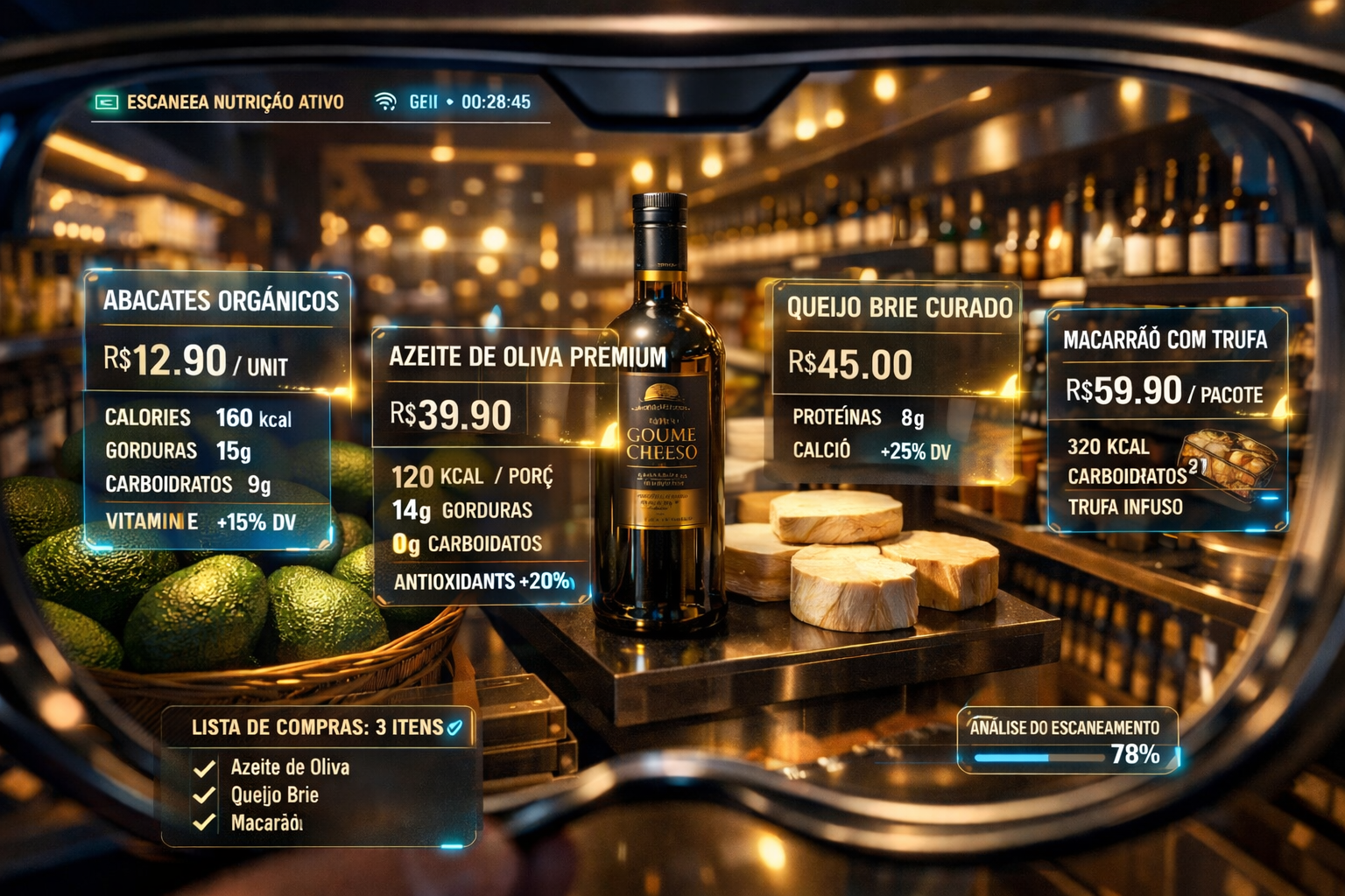 Interface de óculos de realidade aumentada exibindo informações nutricionais, preços em reais e lista de compras digital sobre prateleiras de supermercado com vinhos e queijos.