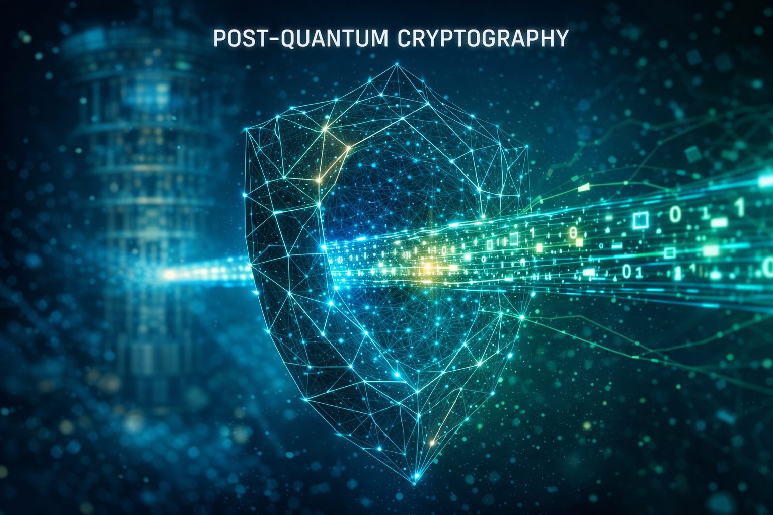 Representação visual de um túnel de dados digital sendo protegido por uma rede geométrica complexa (treliça), simbolizando a criptografia pós-quântica contra um computador quântico brilhante ao fundo.