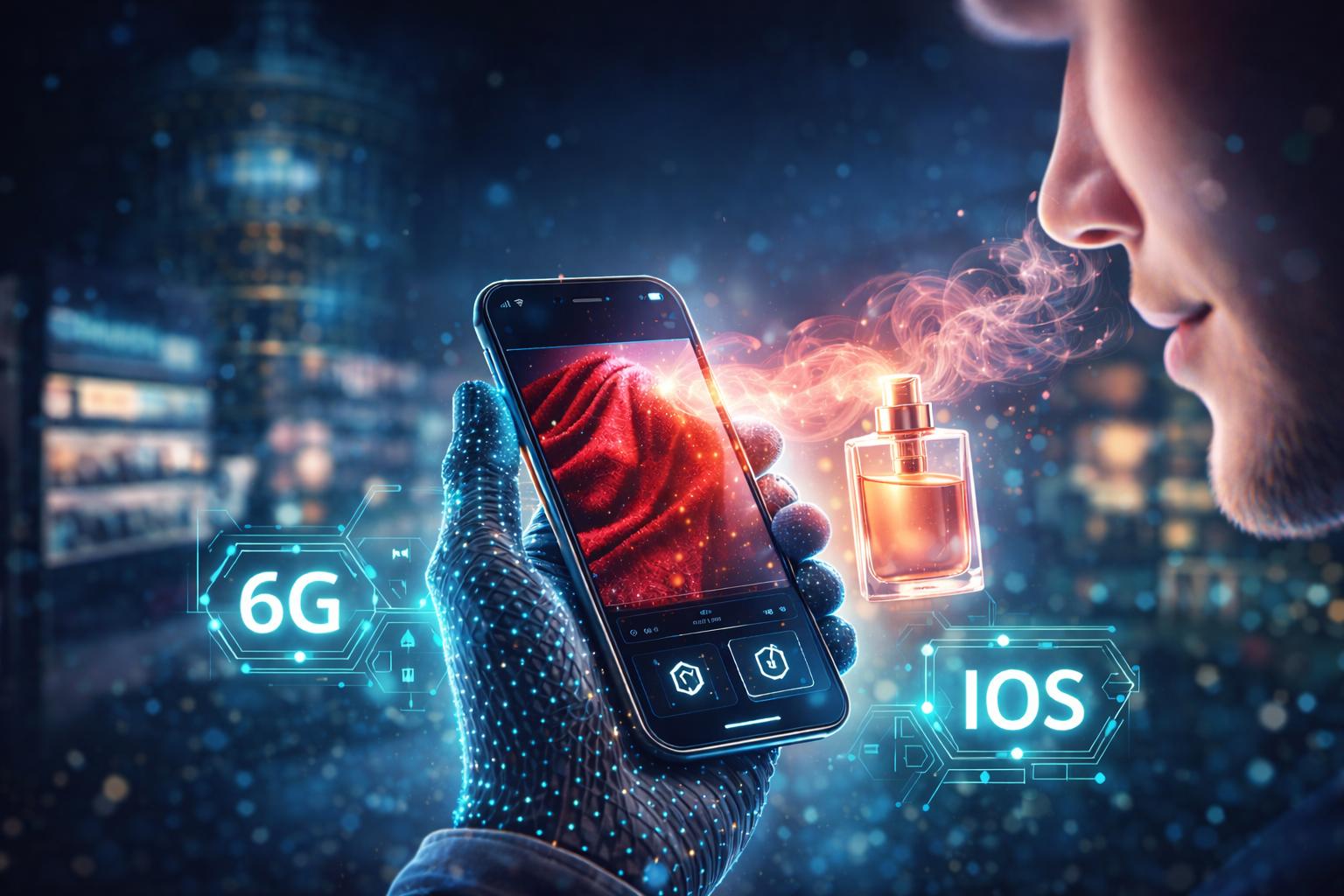 Close de uma mão humana tocando uma tela holográfica onde partículas de luz simulam a textura de um tecido luxuoso, com ícones de sensores sensoriais ao fundo.