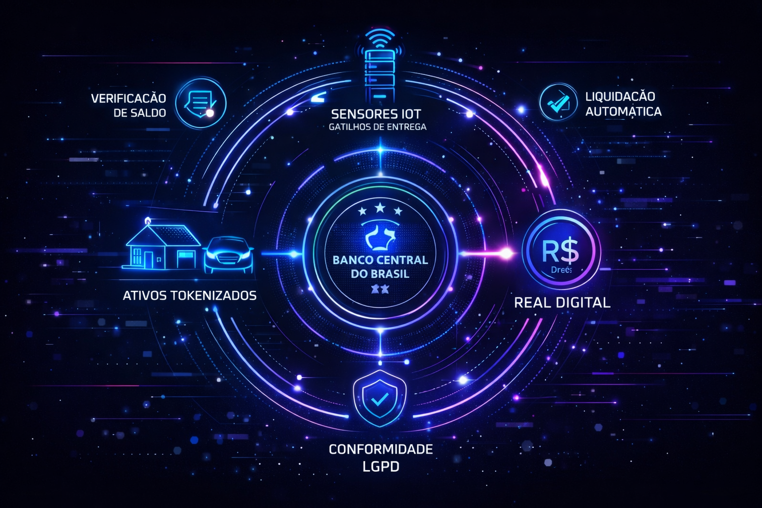 Infográfico mostrando o fluxo de um Smart Contract em 2026: do gatilho via IoT até a liquidação automática em Drex, com ícones de segurança e blockchain.