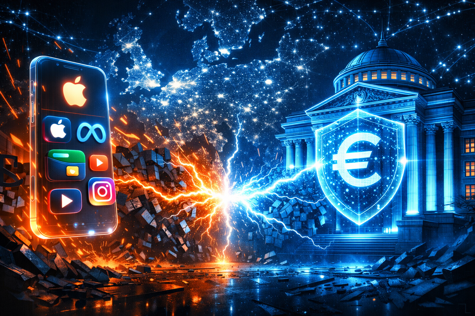 Infográfico comparativo entre o modelo de 'Jardim Murado' das Big Techs e o sistema aberto de pagamentos interoperáveis exigido pela União Europeia em 2026, com foco em segurança e soberania.