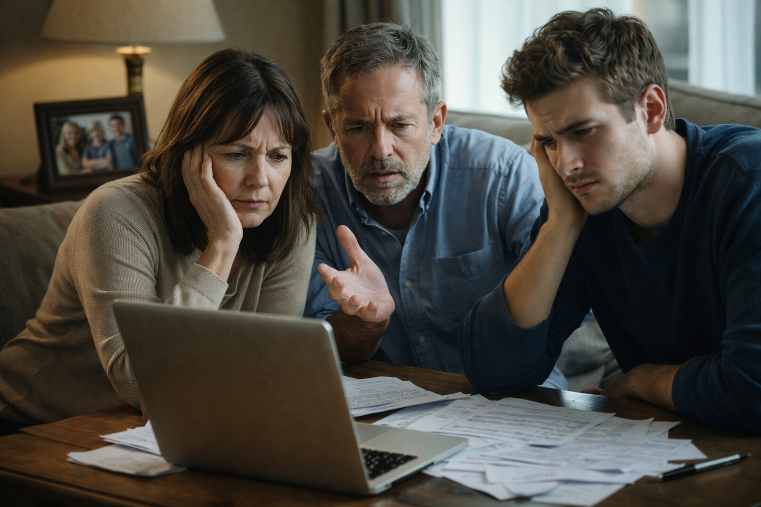 Uma família sentada à mesa de jantar com expressões de dúvida, olhando para um laptop e documentos, representando a dificuldade de acessar herança digital e criptomoedas.