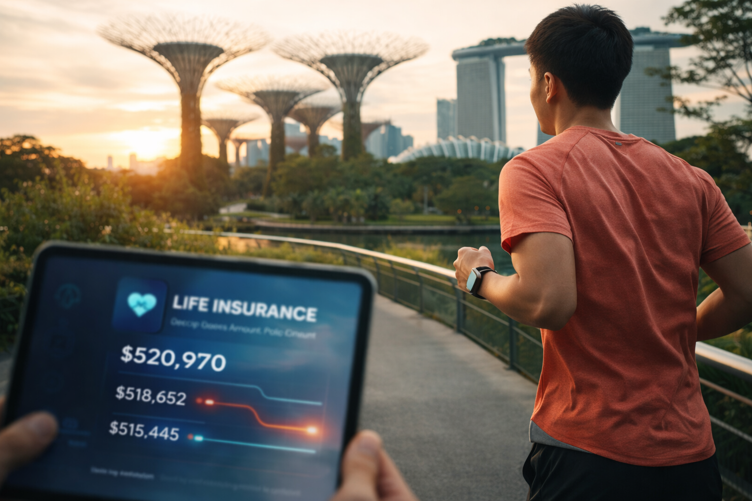 Pessoa correndo em Singapura com smartwatch brilhando batimentos cardíacos, representando seguros de vida dinâmicos.