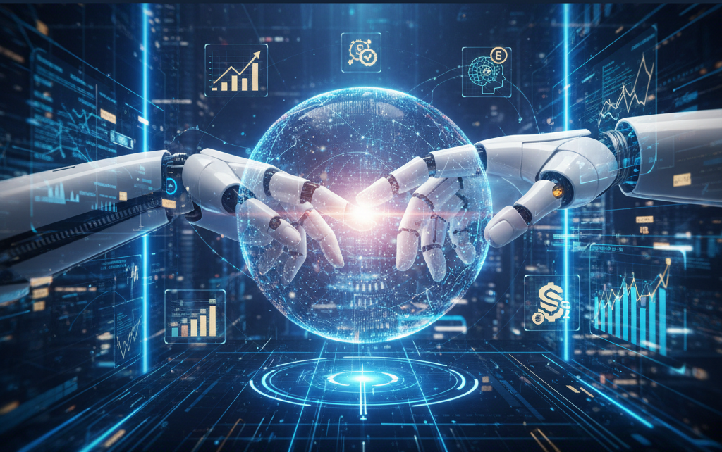 Robô humanoide e humano apertando as mãos diante de um painel de gestão de patrimônio e investimentos.