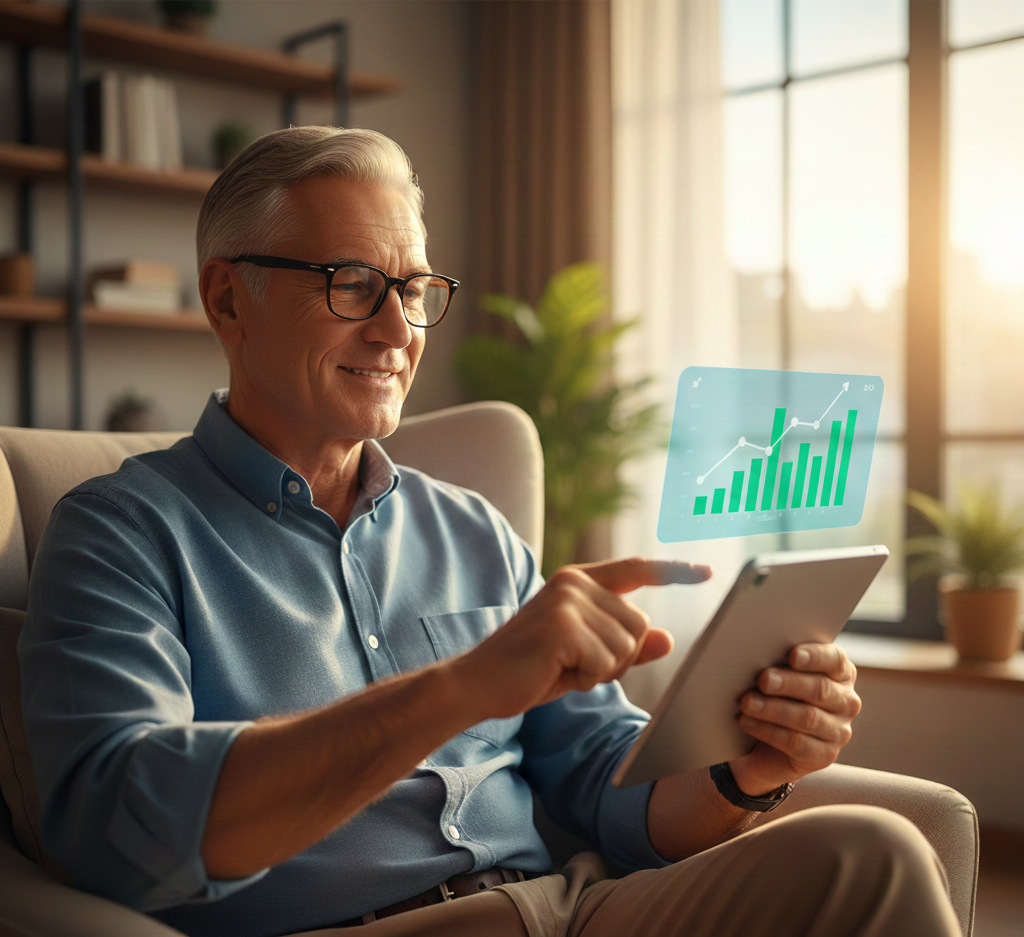 Idoso moderno usando tablet para investir na Economia Prateada