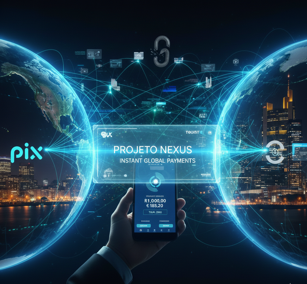 Mapa global conectado por linhas de dados digitais rápidas simbolizando a transição do sistema SWIFT para o Project Nexus.