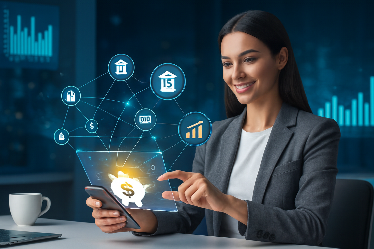 Ícones de cadeados abrindo e conectando diferentes bancos de forma segura através de fluxos de dados.