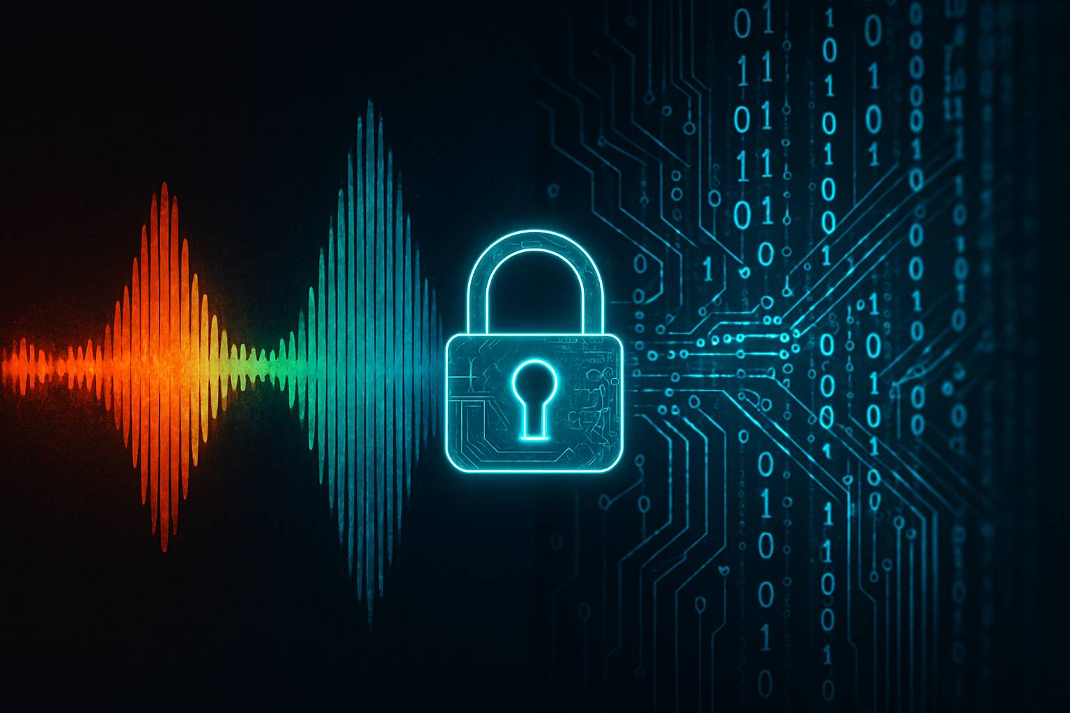 Ilustração de ondas sonoras coloridas atravessando um cadeado digital neon em um ambiente de dados cibernéticos, representando a segurança contra deepfakes de voz.