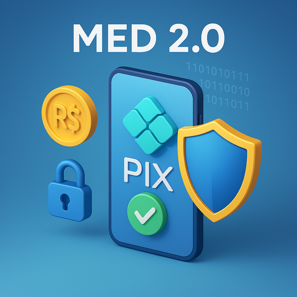 Infográfico mostrando o funcionamento do MED 2.0 com bloqueio em múltiplas camadas de contas bancárias.