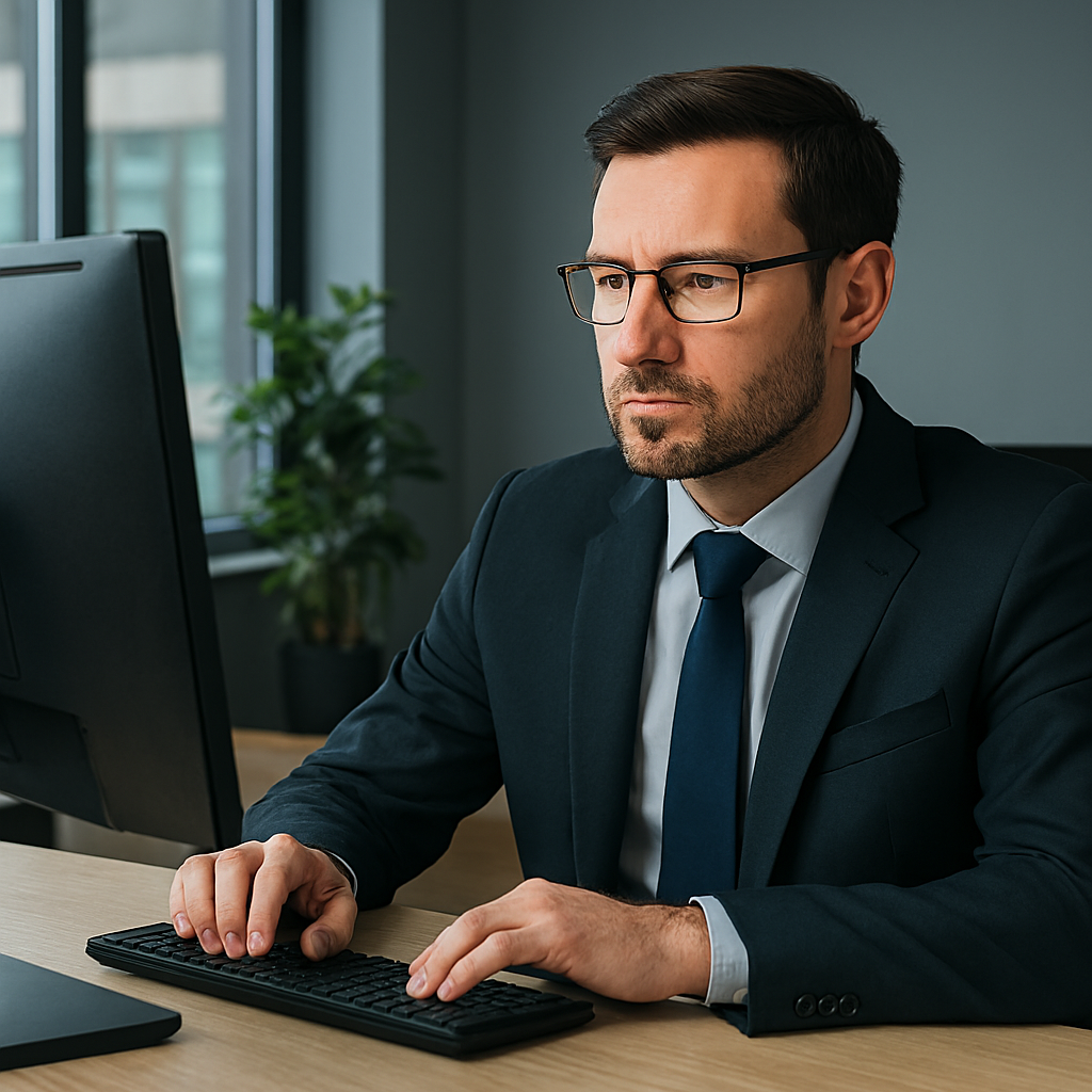 Homem em escritório moderno analisando dados financeiros em monitor de computador representando a profissão de curador de dados
