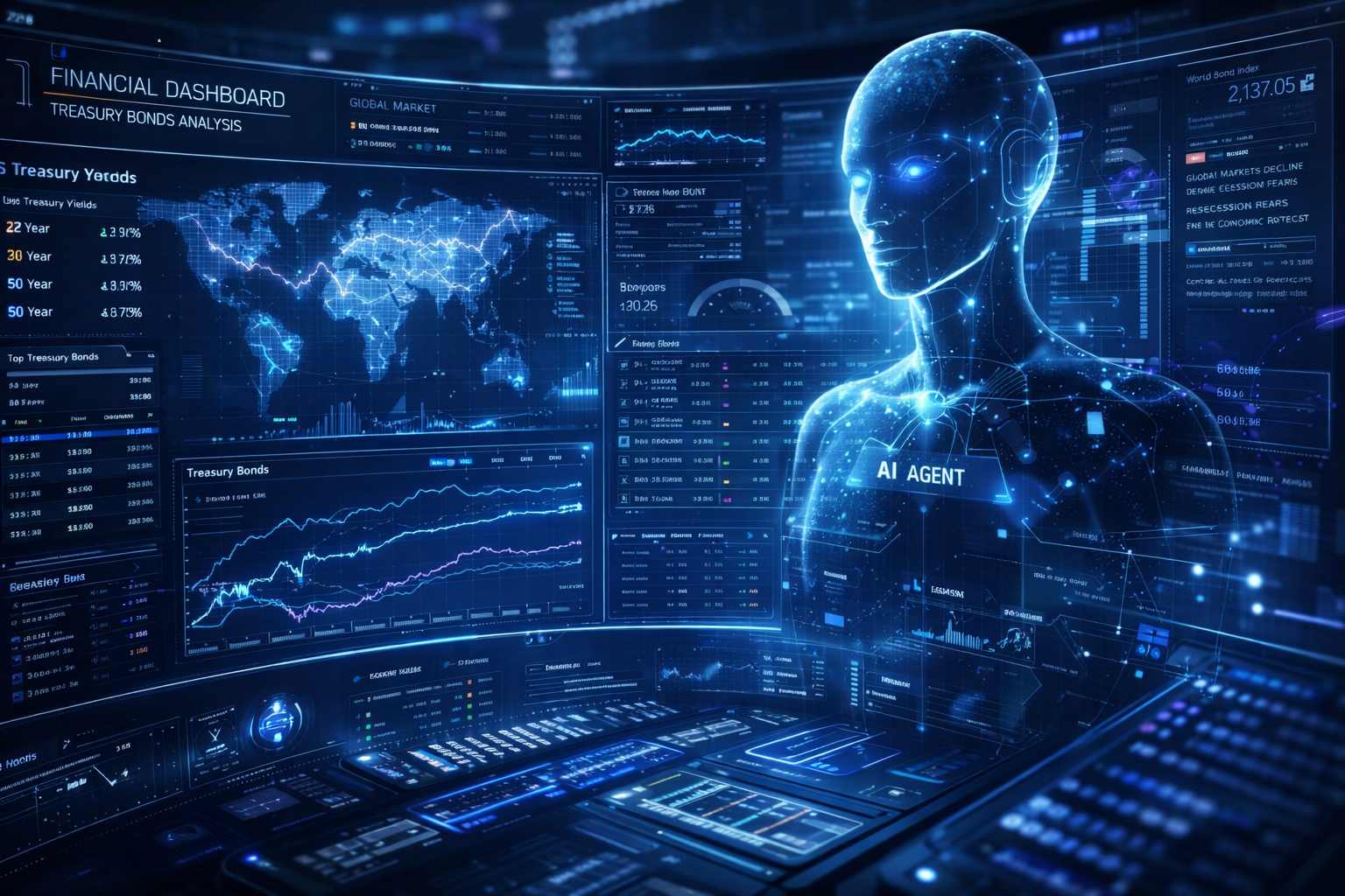 Interface de Inteligência Artificial agêntica analisando gráficos do Tesouro Direto em 2026, com elementos holográficos e dados financeiros em tempo real, simbolizando a gestão autónoma de investimentos.