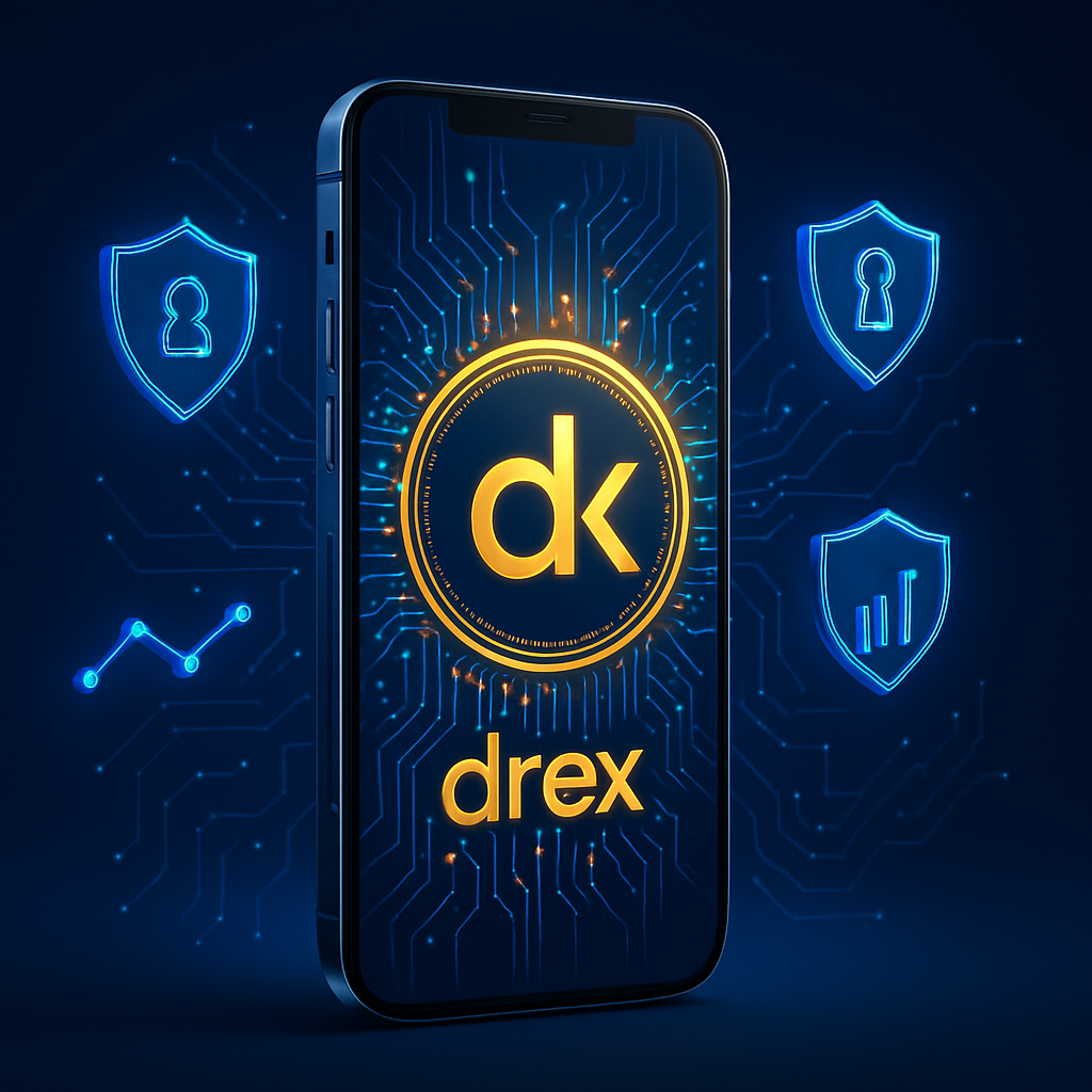 Smartphone moderno exibindo o símbolo do Drex (Real Digital) com circuitos digitais brilhantes em azul e dourado, rodeado por ícones de escudos de segurança e gráficos financeiros flutuantes em 3D.