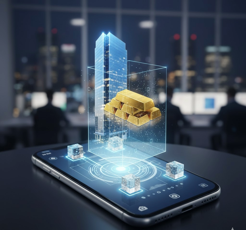 Smartphone moderno exibindo hologramas de um edifício espelhado e barras de ouro, representando a tokenização de ativos reais (RWA) e o Real Digital