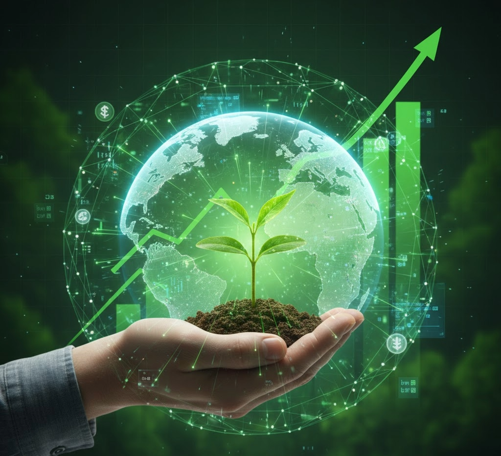 Floresta preservada com sobreposição de gráficos financeiros verdes representando o mercado de créditos de carbono.