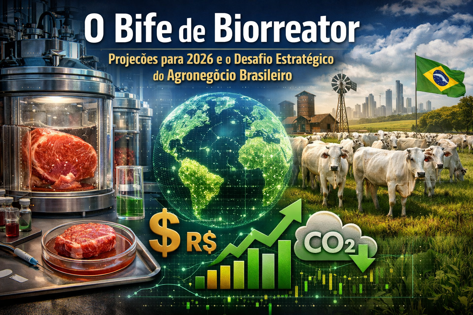 Infográfico comparativo mostrando de um lado um bife sendo cultivado em um biorreator de alta tecnologia e, do outro, um rebanho de gado Nelore em um pasto brasileiro com o horizonte de uma cidade moderna. No centro, elementos financeiros com cifrões, um gráfico de crescimento e um ícone de redução de CO2.
