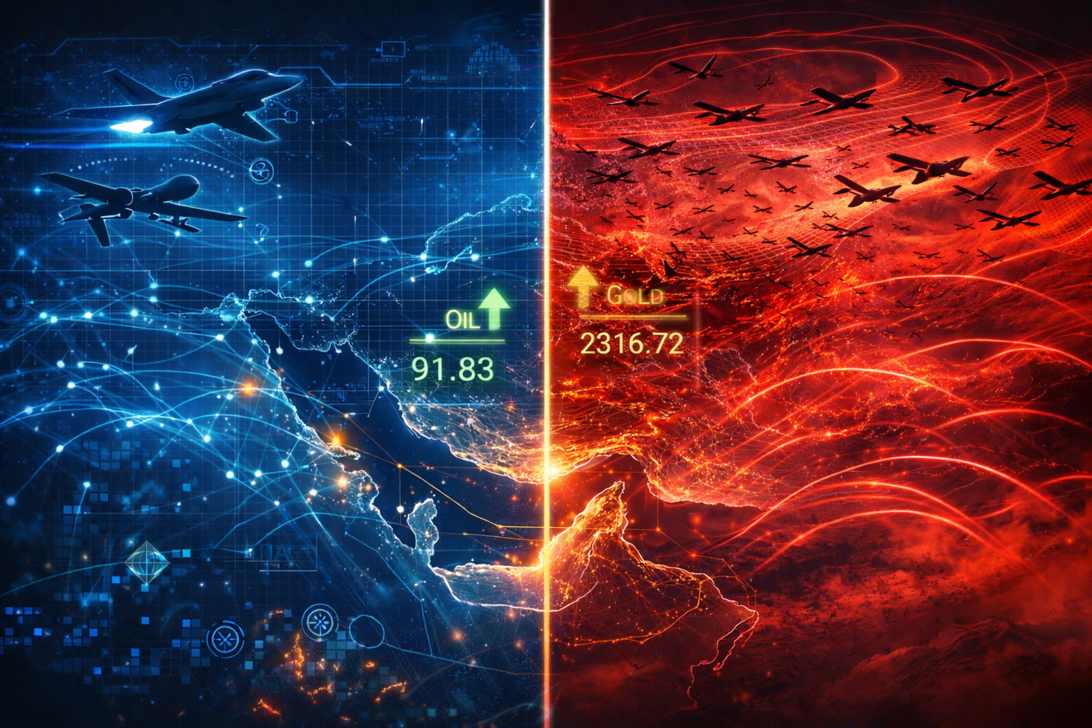 Infográfico técnico comparando caças F-35I Adir e drones MQ-9 em rede JADC2 contra enxames de drones Shahed-136 e sistemas de interferência eletrônica Krasukha sobre o mapa do Oriente Médio em 2026.