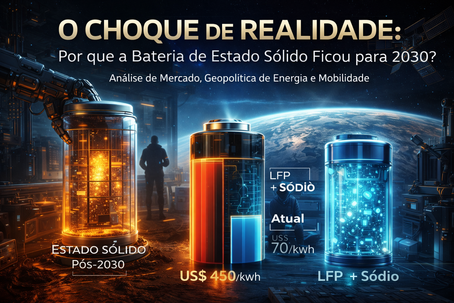 Infográfico comparativo de três baterias futuristas: uma de Estado Sólido (pós-2030, cor laranja), uma Semissólida e uma de LFP+Sódio (tecnologia atual, US$ 70/kwh, cor azul). Fundo espacial e robótico com o título "O CHOQUE DE REALIDADE".