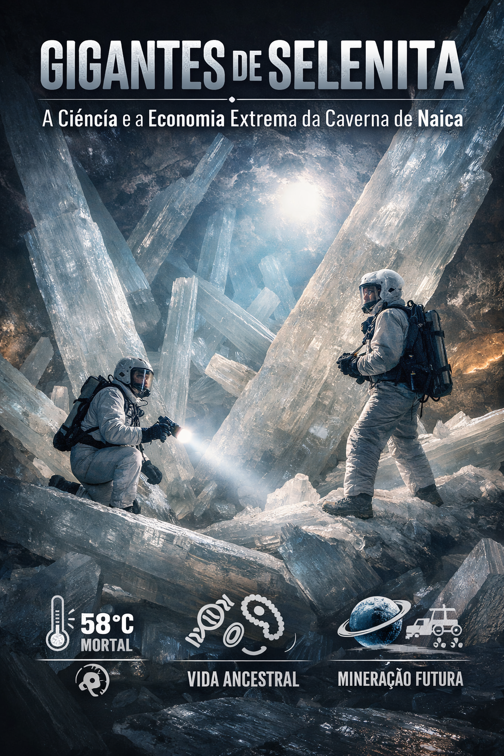 Fotografia fotorrealista do interior da Caverna de Naica, no México, mostrando cristais gigantes de selenita brancos e translúcidos com um explorador em traje térmico laranja para escala.