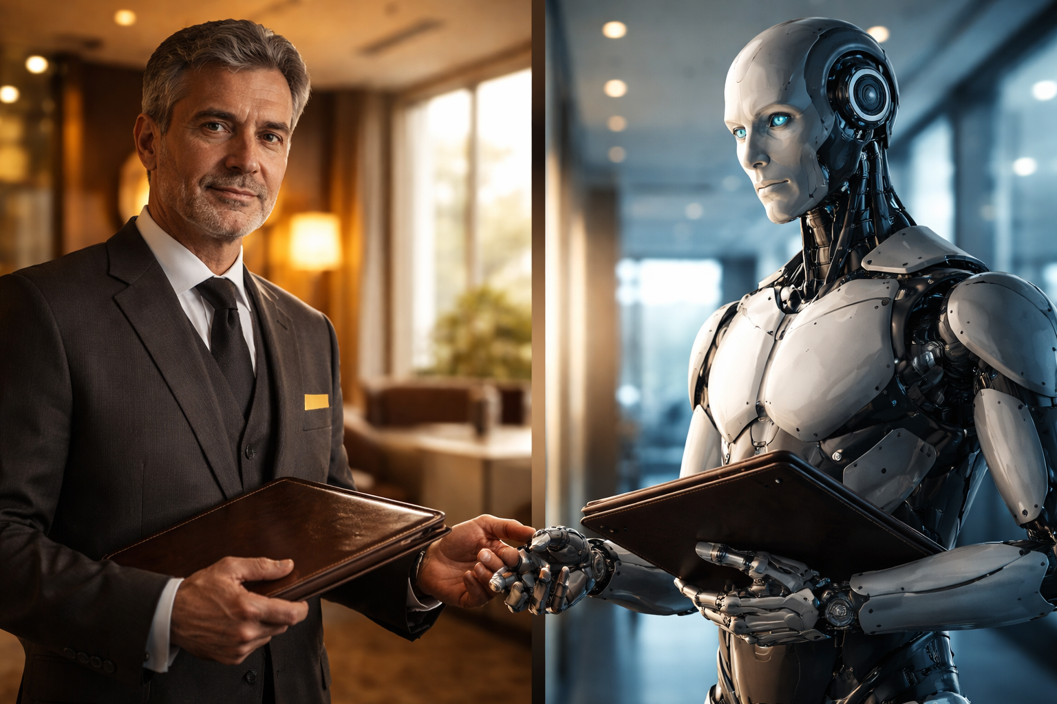 Comparação visual entre um funcionário humano veterano e um robô humanoide moderno em um ambiente de trabalho de alta tecnologia.