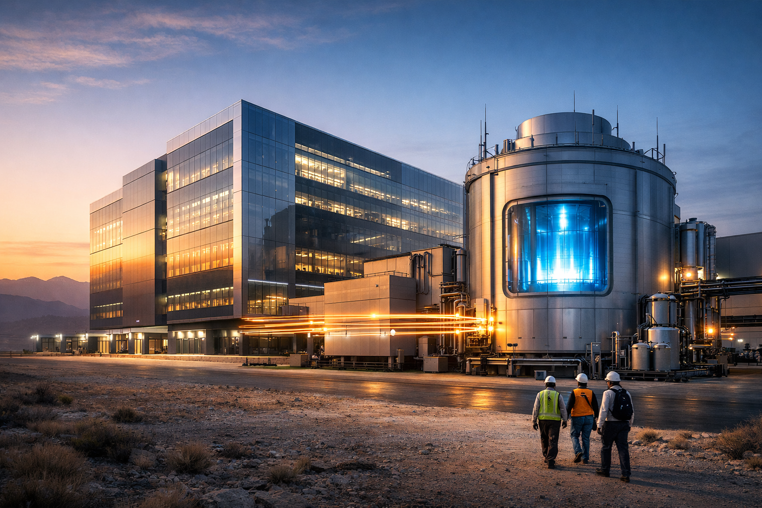 Uma fotografia aérea de um Data Center moderno integrado a um Pequeno Reator Modular (SMR) ao amanhecer, com linhas de energia conectando os prédios, simbolizando a resiliência energética das Big Techs em 2026.