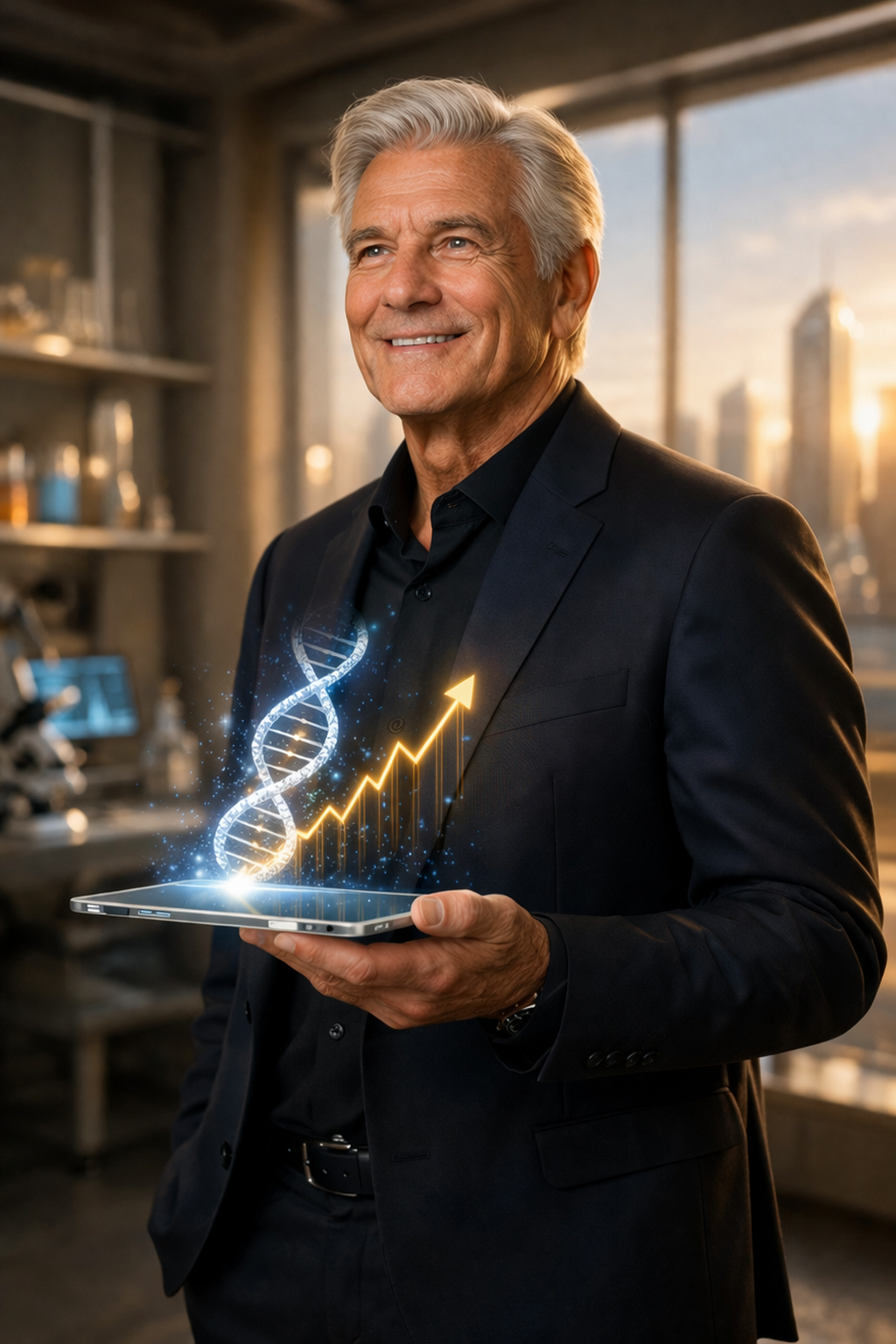 Retrato fotorrealista de um homem idoso vital e saudável, segurando um tablet transparente com um holograma de DNA e um gráfico financeiro ascendente, simbolizando a economia da longevidade e o rejuvenescimento.