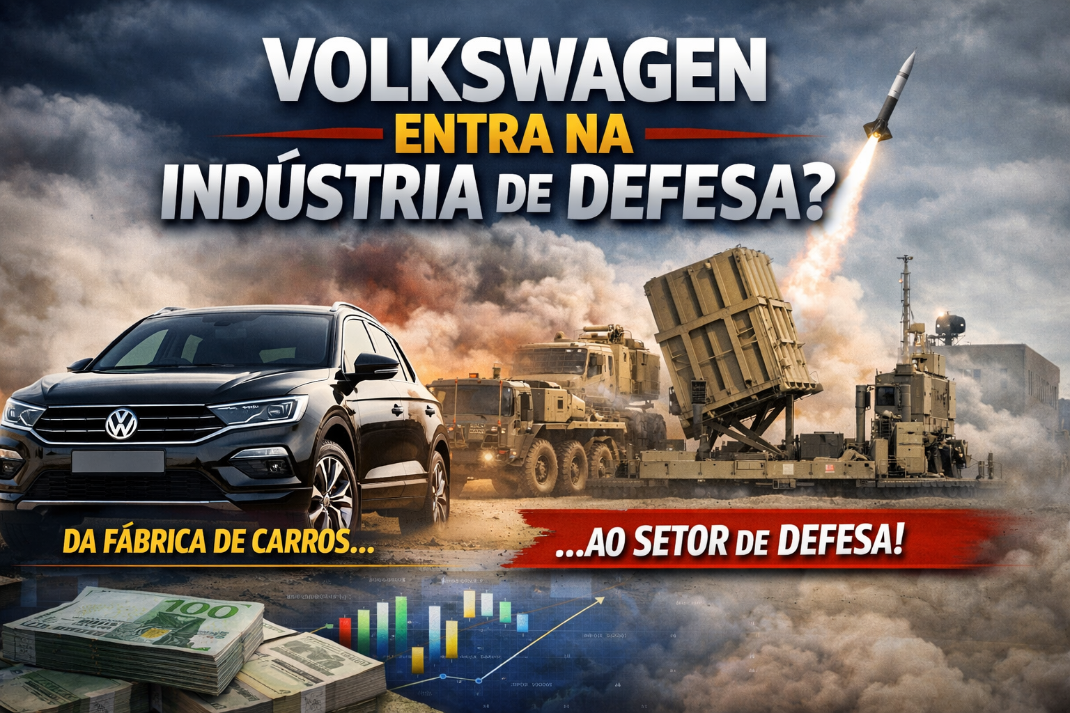 Engenheiros em uma fábrica industrial alemã analisando a produção de veículos logísticos pesados, simbolizando a transição da Volkswagen para o setor de defesa.