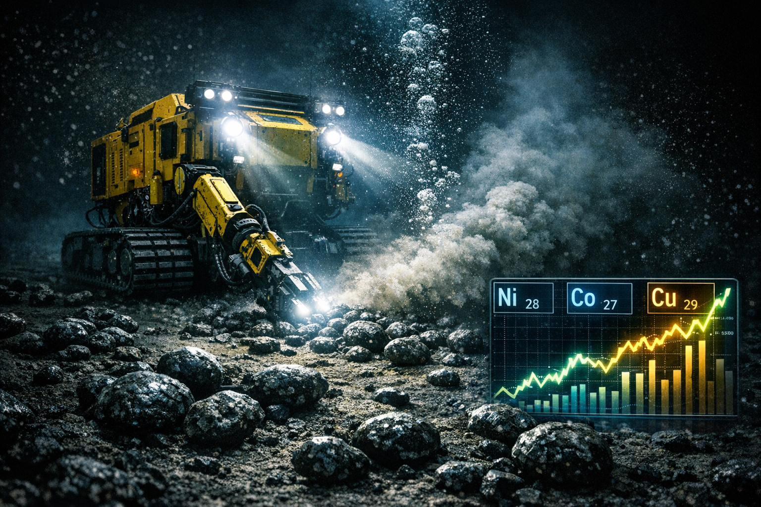 Robô minerador subaquático coletando nódulos polimetálicos no fundo do oceano a 5000 metros de profundidade, representando o mercado de mineração abissal em 2026.
