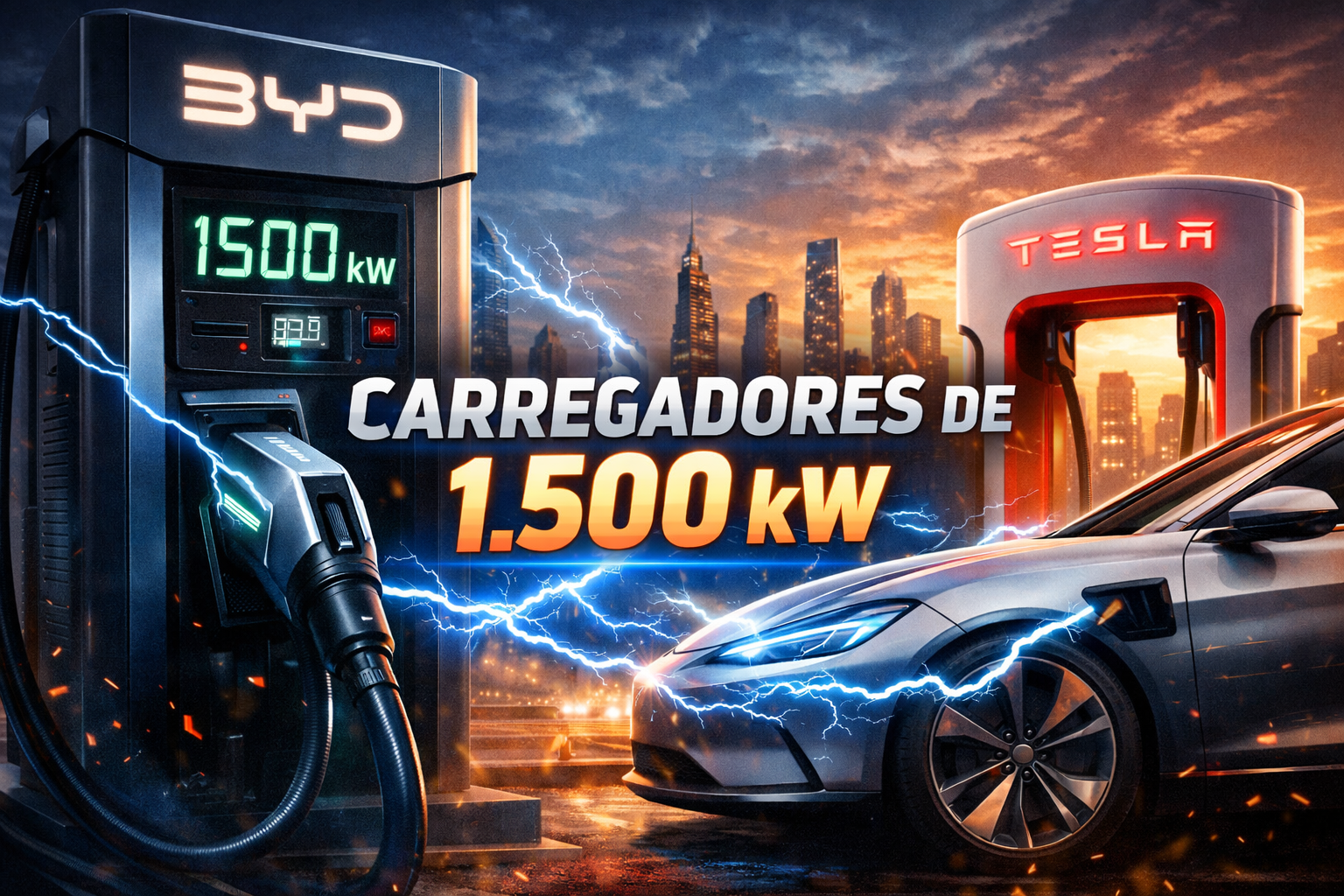 Estação de carregamento ultra-rápido da BYD de até 1.500 kW carregando um carro elétrico em ambiente tecnológico futurista, representando a nova disputa global de infraestrutura de recarga entre BYD e Tesla.