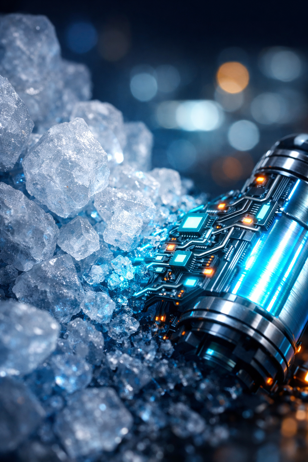 Cristais de sal translúcidos integrados a circuitos elétricos brilhantes em tons de azul turquesa, simbolizando a tecnologia de baterias de sódio de 2026 no TecnFinanças.