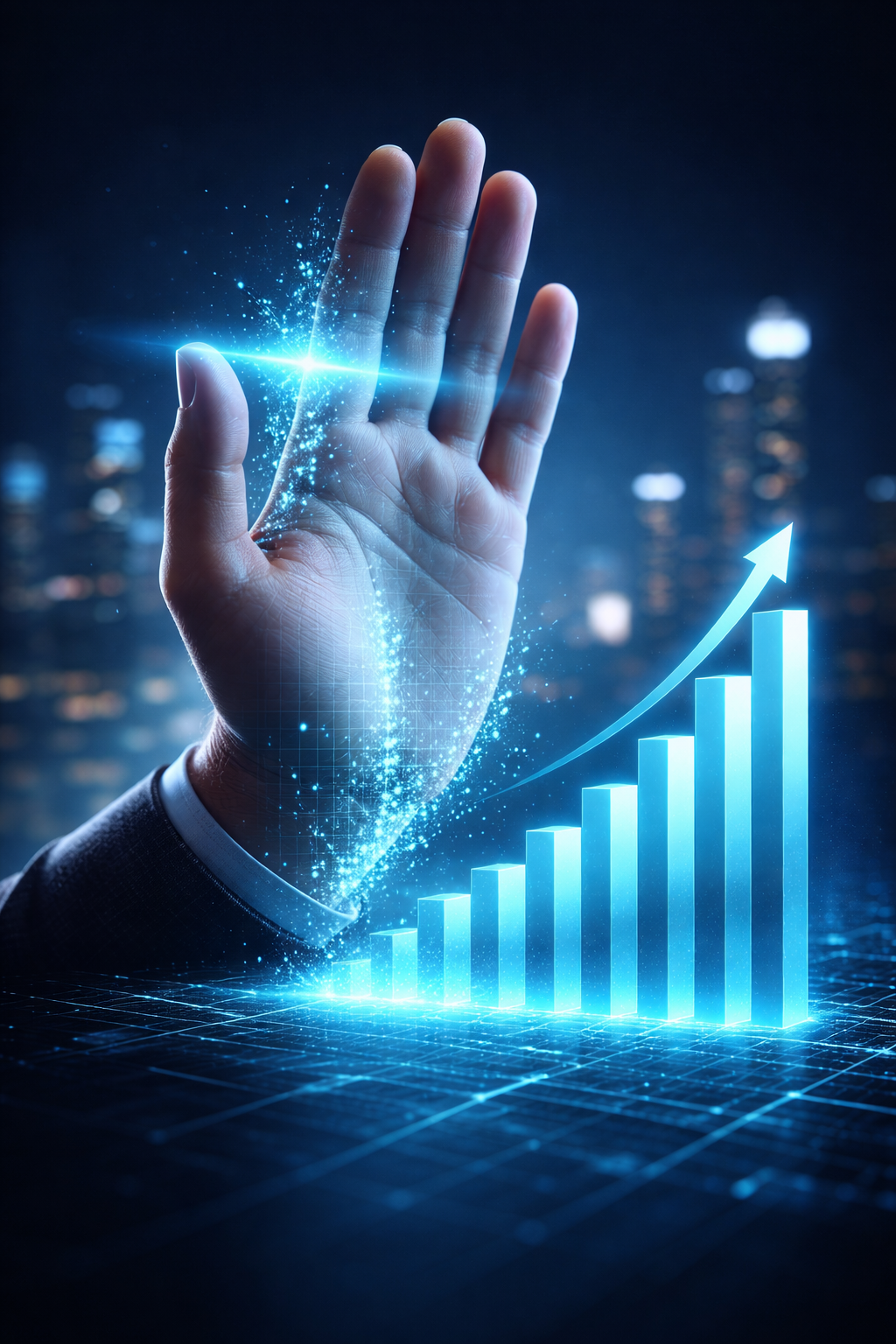 Mão humana sendo escaneada por laser biométrico azul que se transforma em um gráfico financeiro ascendente, simbolizando a gestão de patrimônio digital.