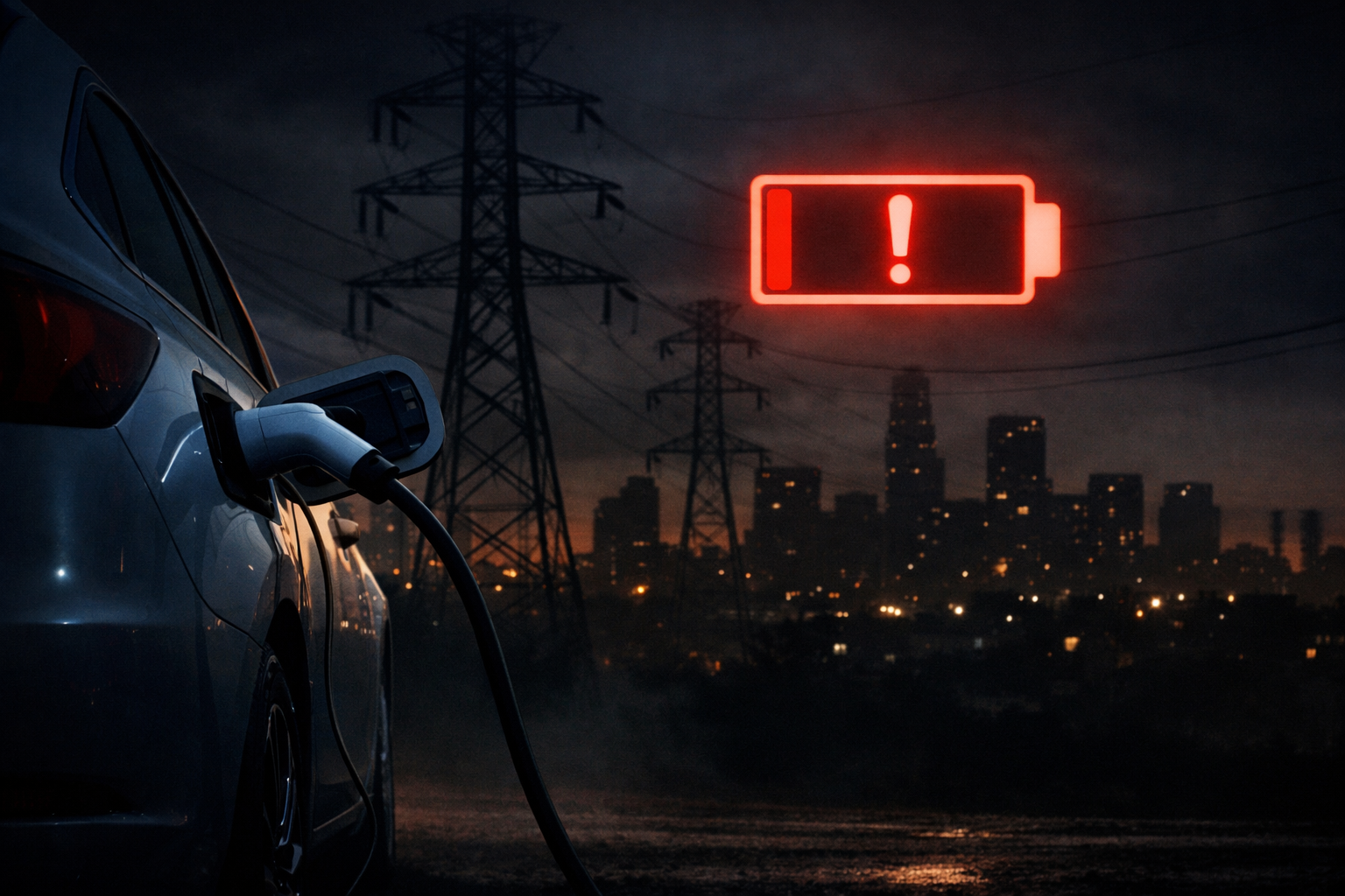 Veículo elétrico carregando em uma estação de rua sob iluminação urbana reduzida. No painel digital, um aviso de "Limite de Potência de Rede Ativado". Estética futurista e sóbria de 2026.