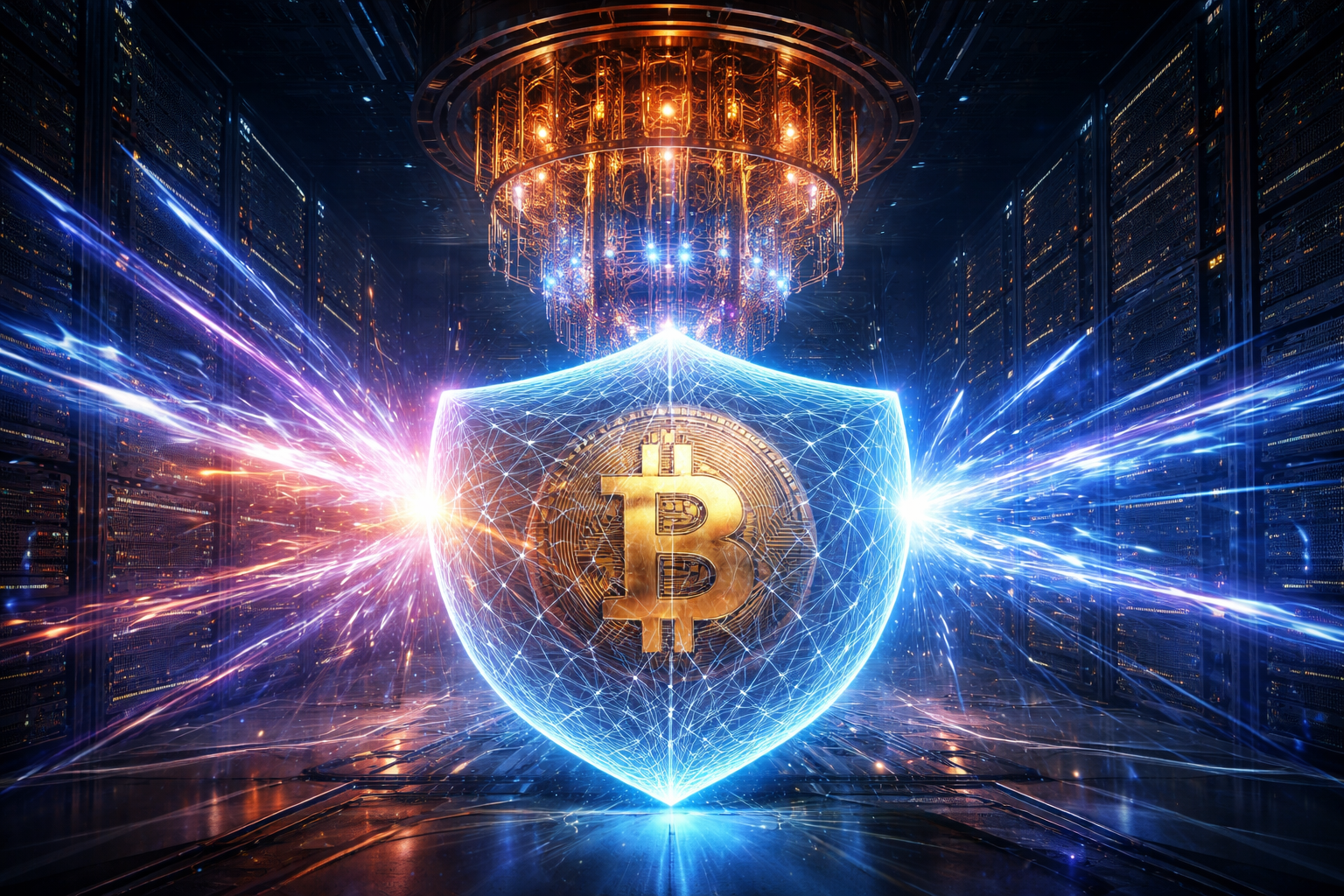 Ilustração de um computador quântico de alta tecnologia processando dados em frente a um escudo digital representando o protocolo de segurança do Bitcoin.