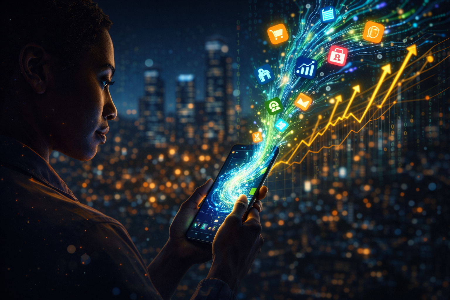 Ilustração conceitual de um smartphone moderno onde ícones coloridos de aplicativos (finanças, compras e social) flutuam e se dissolvem em um feixe central de luz azul neon e fluxos de dados, representando a transição para Agentes de IA autônomos no mercado financeiro global em 2026.