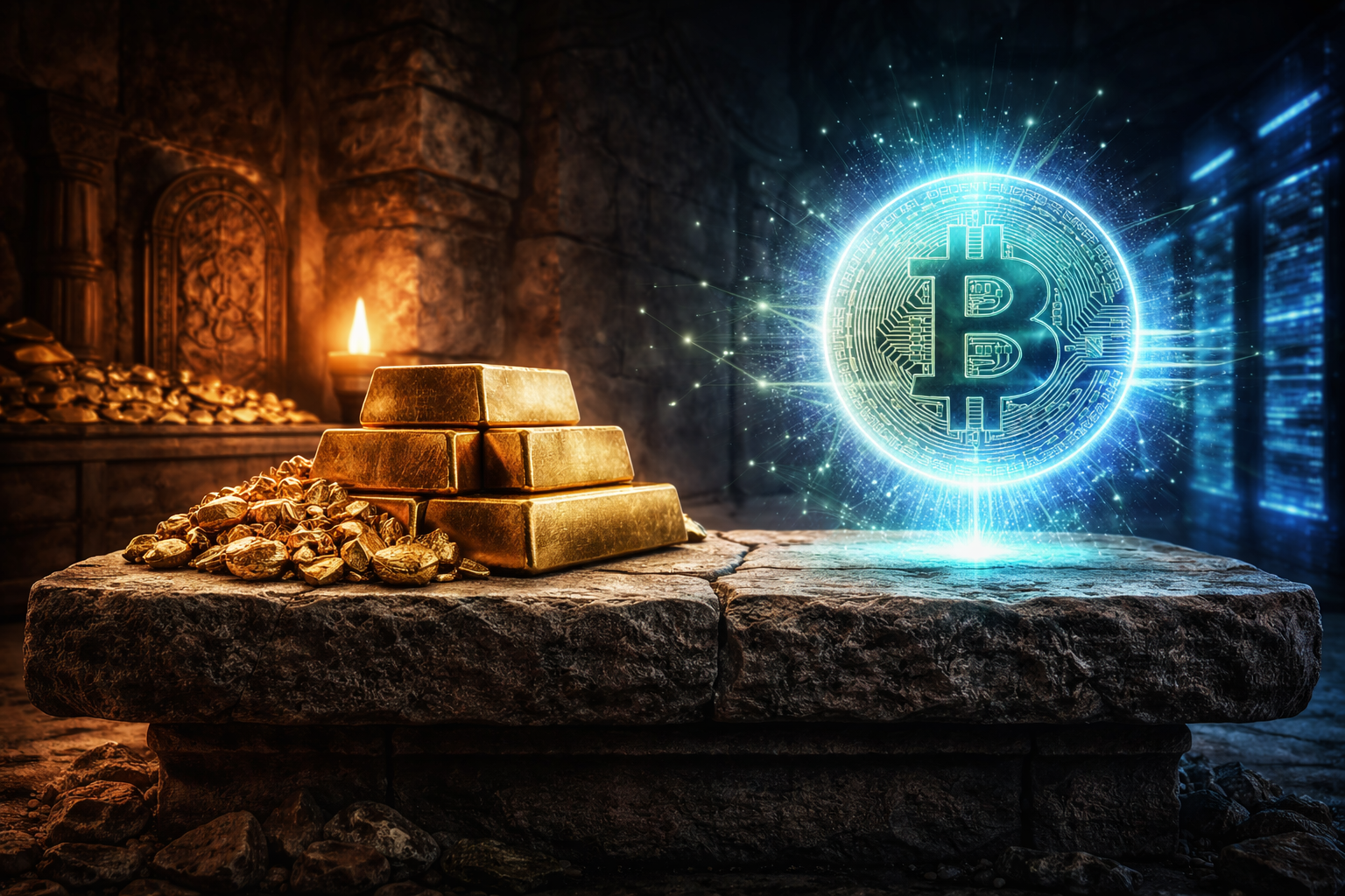 Banner panorâmico mostrando de um lado barras de ouro físico clássico e do outro um símbolo holográfico do Bitcoin flutuante e digital, representando o debate sobre reserva de valor no TecnFinanças.