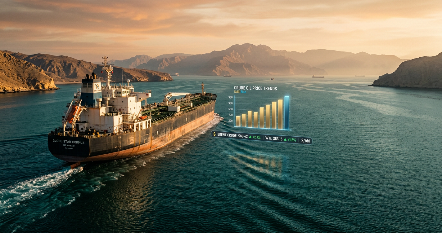 Navio petroleiro no Estreito de Ormuz com sobreposição de gráficos financeiros, representando o impacto do conflito no preço do petróleo em 2026.