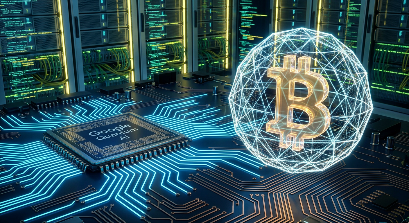 Renderização 3D de alta tecnologia em um data center. À esquerda, uma placa de circuito com um processador gravado "Google Quantum AI" brilhando em azul-neon. À direita, um símbolo dourado do Bitcoin protegido dentro de uma esfera geométrica de energia luminosa (Lattice), conectada por feixes de dados à placa de circuito.