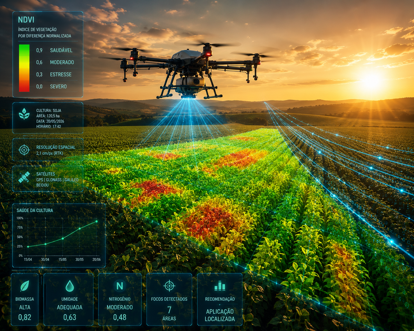 Drone agrícola sobrevoando lavoura de soja brasileira com mapa NDVI multiespectral sobreposto mostrando manchas vermelhas de estresse e áreas verdes saudáveis, com painel de dados RTK de precisão centimétrica, representando a agricultura de precisão com inteligência artificial em 2026
