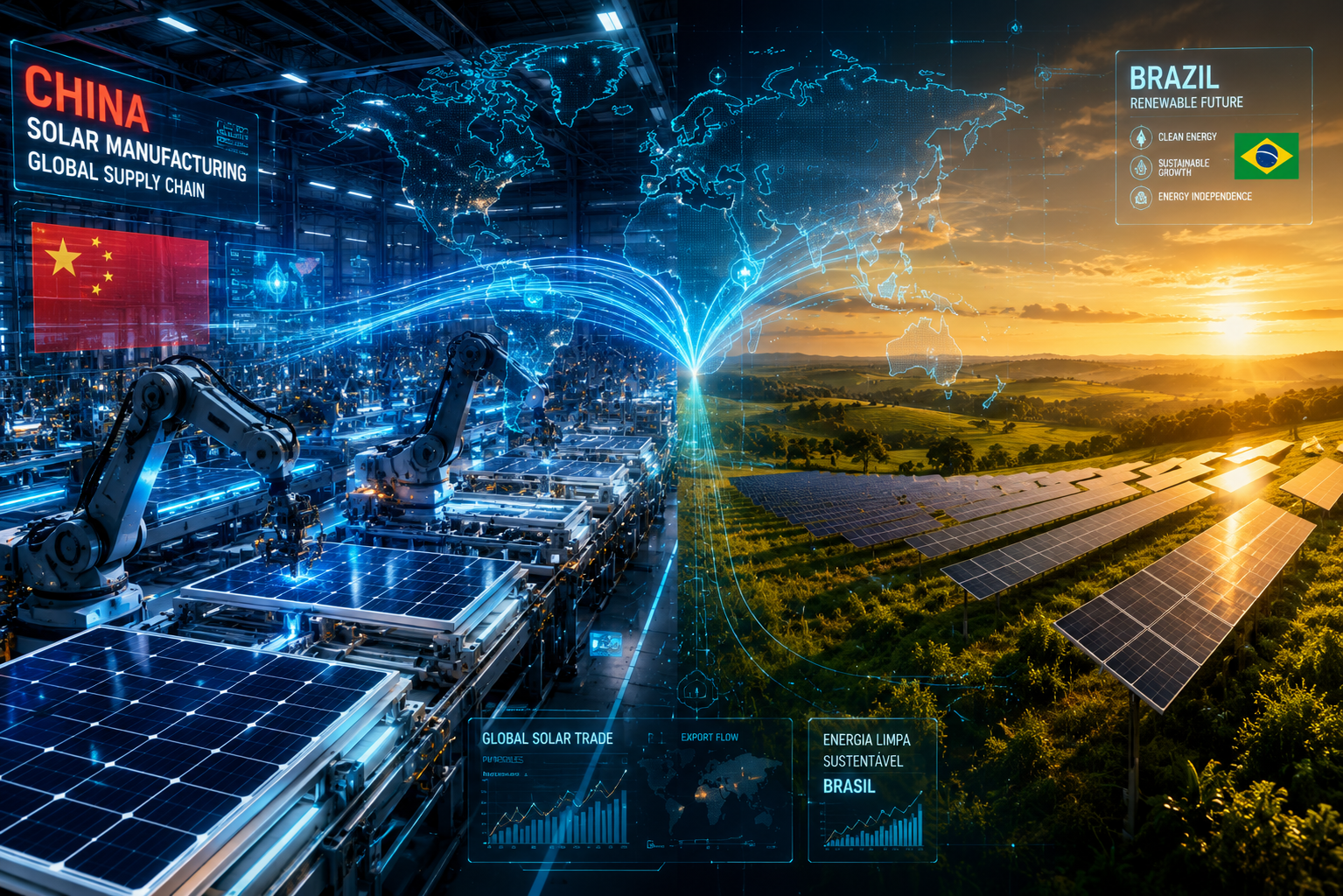 Fábrica de painéis solares chinesa automatizada à esquerda e paisagem brasileira com energia solar à direita, conectadas por linhas de dados geopolíticos, representando a dominância chinesa na cadeia produtiva de energia limpa e o impacto no Brasil em 2026