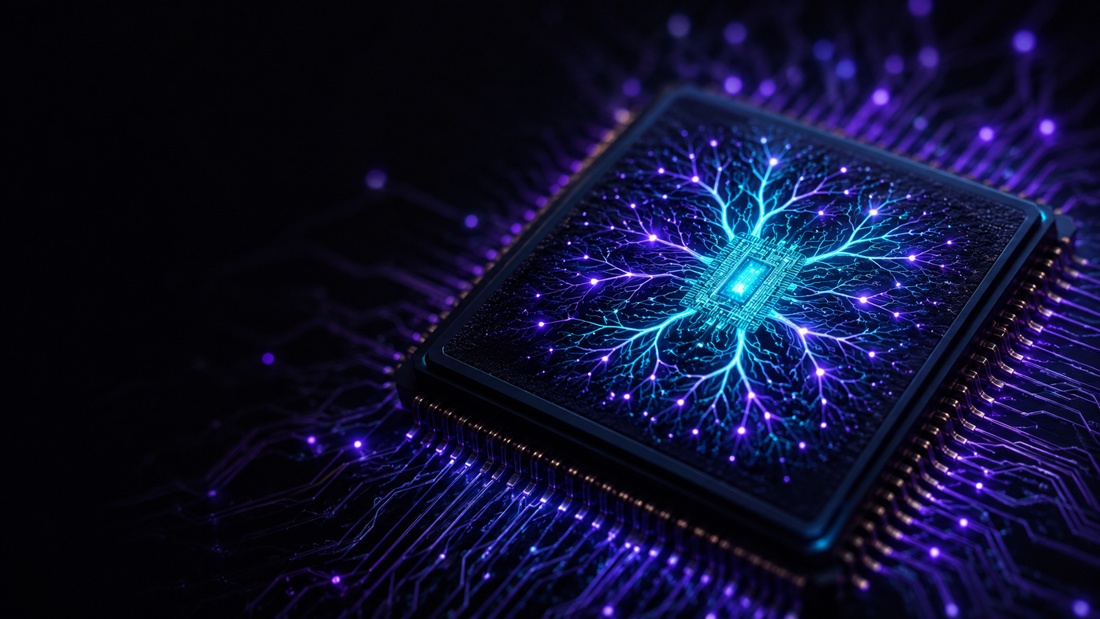 Microchip de computação neuromórfica com circuitos luminosos em violeta e ciano imitando conexões neurais, representando chips de IA inspirados no cérebro humano