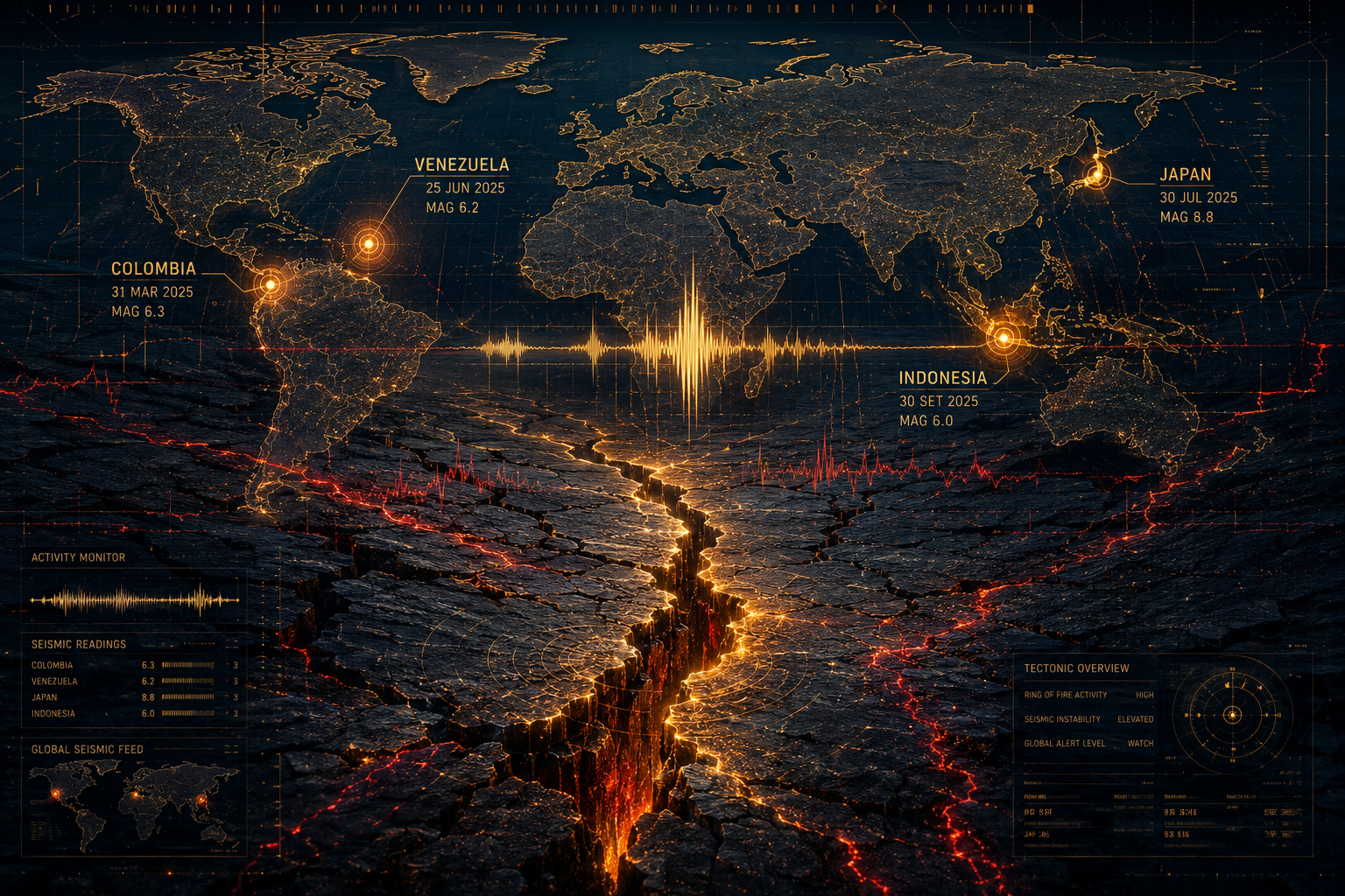 Mapa mundial com quatro epicentros sísmicos marcados em Venezuela, Japão, Indonésia e Colômbia, com ondas sísmicas sobrepostas e linhas de falha tectônica iluminadas, representando o impacto econômico dos terremotos de 2026