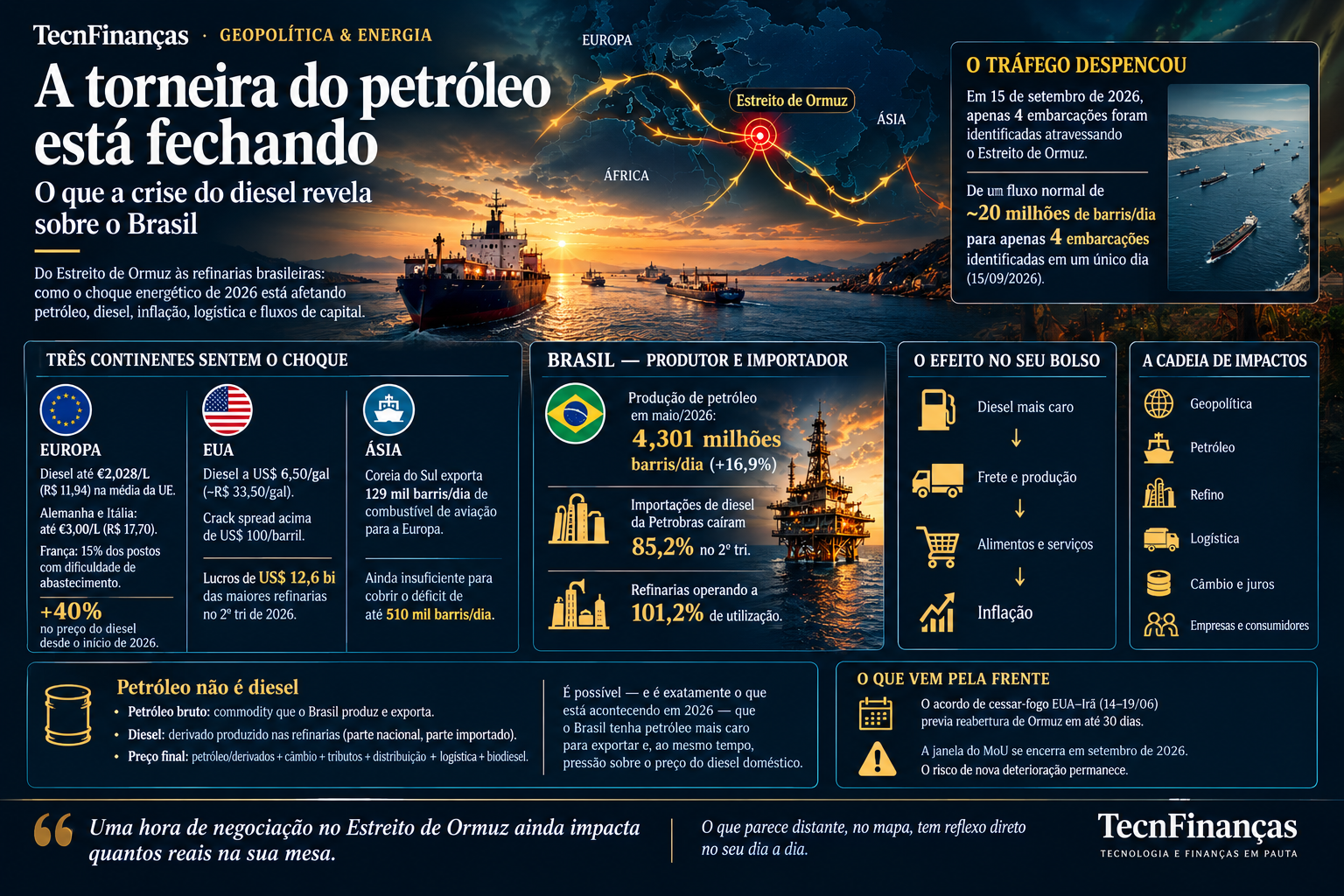 "Infográfico fotográfico: crise global do diesel em 2026 — mapa do Estreito de Ormuz, tráfego de navios despencando, comparativo de preços entre Europa, EUA e Ásia, e painel de produção e refino do Brasil"