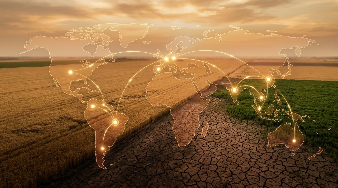 Campo agrícola sob calor intenso com solo rachado, ilustrando o risco climático do El Niño 2026 sobre a safra e os preços globais de alimentos